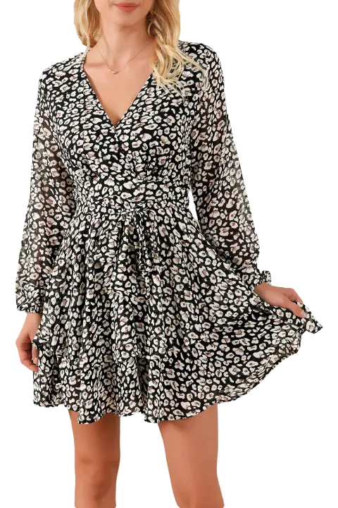 Elrachen Vestido con estampado de leopardo y cuello en V para mujer, negro, tallas S-XL - 1