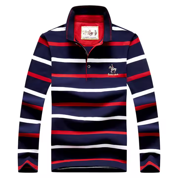 Polo de manga larga para hombre, camiseta de algodón con bordado a rayas, informal, a la moda, novedad de primavera, 2024 - 1