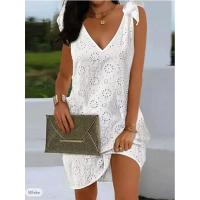 Vestidos elegantes con cuello en V, bordado con ojales, detalle atado, sin mangas, Mini vestido recto, moda de vacaciones, vestido de verano - details 1