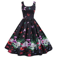 Vestido midi de fiesta elegante sin mangas con estampado floral y tirantes finos para mujer - details 1