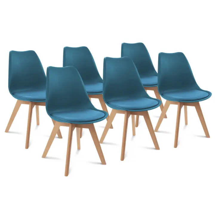 EGOONM-Sillas de comedor escandinavas, asiento acolchado de piel sintética y patas de haya, color azul pato SARA, juego de 6 unidades - 1