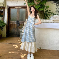 Vestido largo holgado Retro de verano para mujer, vestido con tirantes de dos piezas falso a cuadros para mujer - details 3