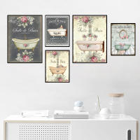 Póster de Decoración de Baño Francés Retro Pintura en Lienzo de Trapo con Diseño Floral y Acuático Para Arte de Pared en Casa Material de Lienzo - details 1