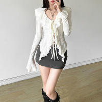 Nuevos tops para mujeres, top de encaje elegante con lazo y volantes en gasa blanca de ensueño - details 3