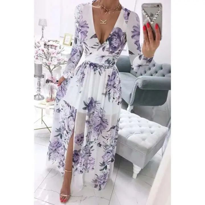 Nuevo vestido de falda completa de estilo bohemio de manga larga de gasa con cuello en V estampado largo de verano - 1