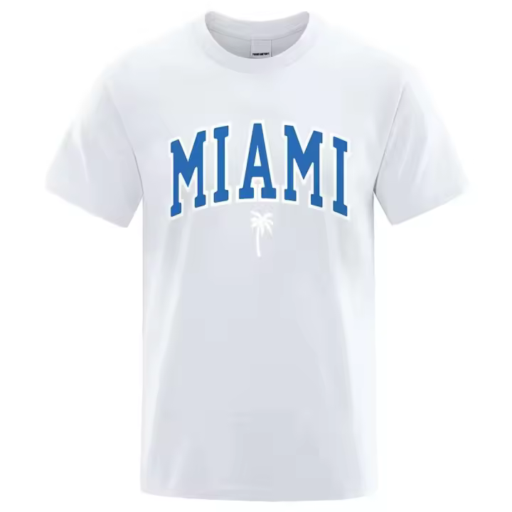 Miami Beach City Letras para hombres ropa casual holgada de gran tamaño, camiseta de algodón de dibujos animados para hombres, camiseta de calle - 1