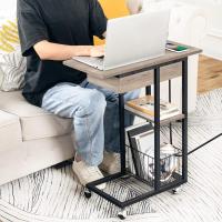 Mesa Auxiliar con Estación de Carga, Mesa de Centro Abatible en Forma de C con Ruedas y Estante de Almacenamiento, Puertos USB Tomas Corriente, para Salón Dormitorio, Greige y Negro EBG022SF01 - details 3