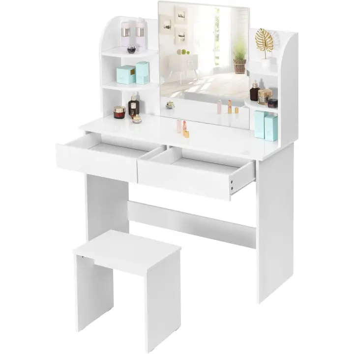 Tocador de Maquillaje con Taburete y Espejo Tocador Brillante con 2 Cajones y 4 Estantes - 1