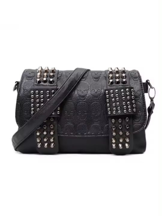 Bolso De Hombro Para Mujer Yogodlns Negro De Cuero Con Estilo Vintage Y Cráneos De Moda Con Hebels Bolso De Mano Cool - 1
