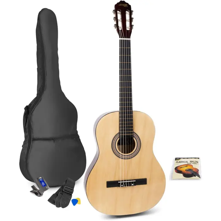 Guitarra clasica con cuerdas de nailon para Principiantes Adultos - guitarra flamenca con Funda, Afinador, Púa, Correa y Accesorios - Guitarra Española 4/4 en Madera Natural - 1