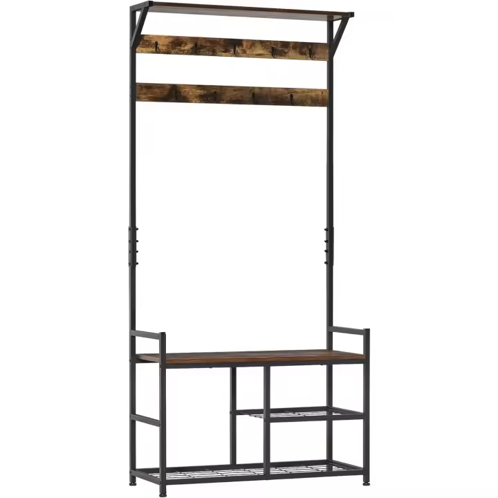 Perchero con Zapatero Perchero de Entrada Recibidor con 3 Estantes 9 Ganchos Patas Ajustables Estilo Industrial para Pasillo Dormitorio 84x34,5x180 cm Color Negro Marrón - 1