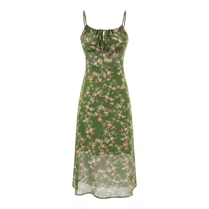 Verano francés nueva mujer estilo europeo y americano Spice Girl verano playa vacaciones falda con tirantes casual fondo verde vestido floral - 1
