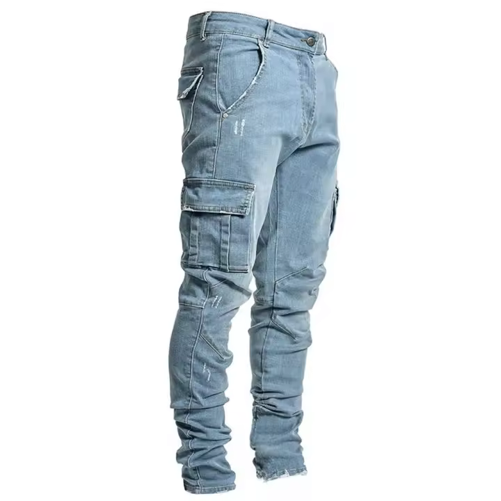 Jeans de moda urbana para hombre, pantalones de mezclilla elásticos y suaves con múltiples bolsillos. - 1