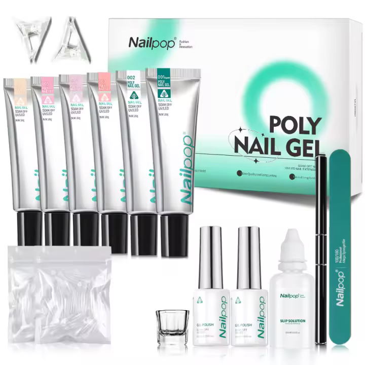 Kit de extensión de uñas de gel Nailpop Poly, 6 colores rosa, blanco, nude, gel transparente para decoración de uñas con pincel y solución antideslizante para salón de uñas - 1