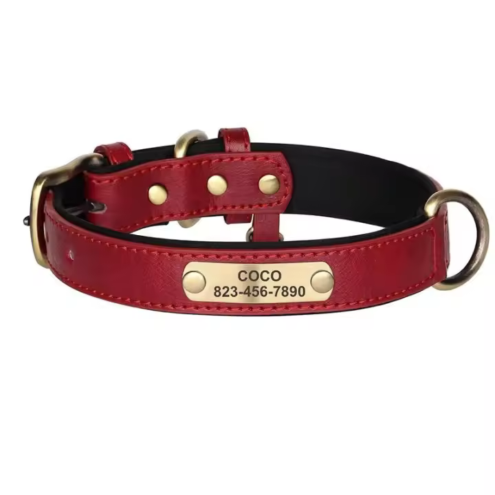 Collar personalizado cuero PU perro, conjunto correa con placa de identificación grabada gratis para perros pequeños, medianos y - 1