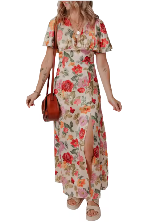 Elrachen Vestido largo vintage floral con cuello en V y manga corta con lazo en la espalda para mujer, multicolor, tallas S-2XL - 1