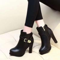 Botas cortas con cremallera para mujer, tacones finos, hebilla con cabeza redonda en el tobillo, estilo femenino elegante - details 1