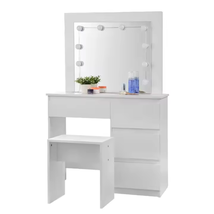 Tocador con espejo de iluminación, tocador blanco con taburete, mesita de noche, 4 cajones, mesa cosmética moderna - 1
