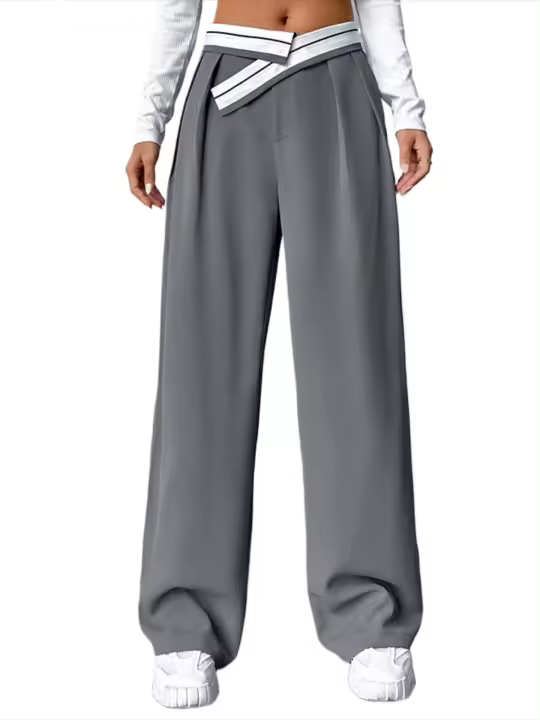 Pantalones grises de oficina de cintura alta para mujer, ropa elástica de algodón clásica de pierna recta ancha de verano - 1