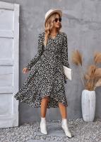 Elegante Vestido Midi de Moda Retro Cuello en V Floral Largo Mango para Mujeres - details 14
