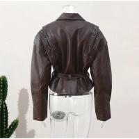 Chaqueta Corta de Cuero con Cinturón Abrigo de Moto de Manga Larga para Mujer - details 1