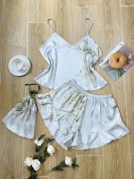 Moda verano, 3 piezas, camisola y pantalón corto, estampado floral de seda con bolso colgante, pijama de mujer, pijama de casa - details 15