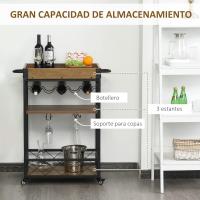 Cocina Móvil Multiusos Barra de Cocina Rústica con 3 Estantes Soporte de Botella y Copas - details 2