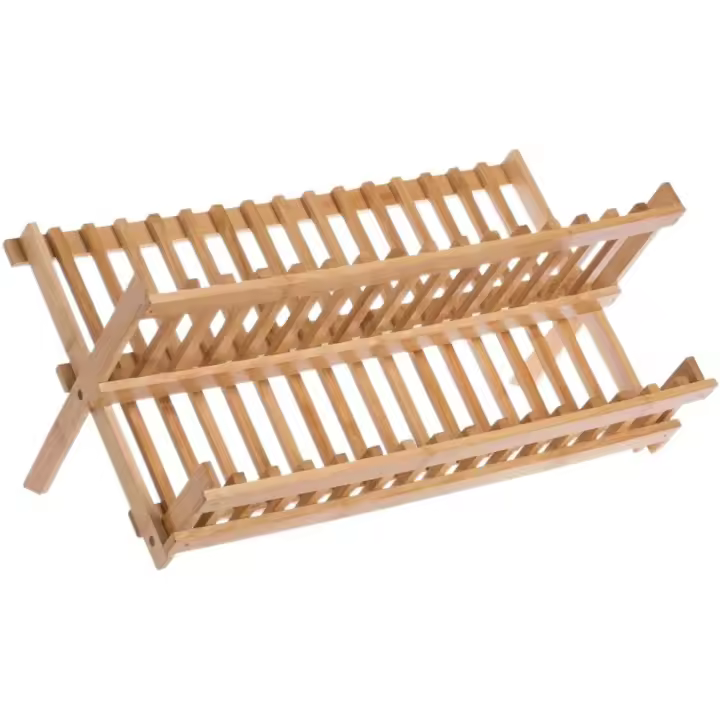Estante para platos plegable de 2 niveles, fácil de limpiar, soporte de secado de bambú Retro, soporte para utensilios naturales plegable para cocina - 1