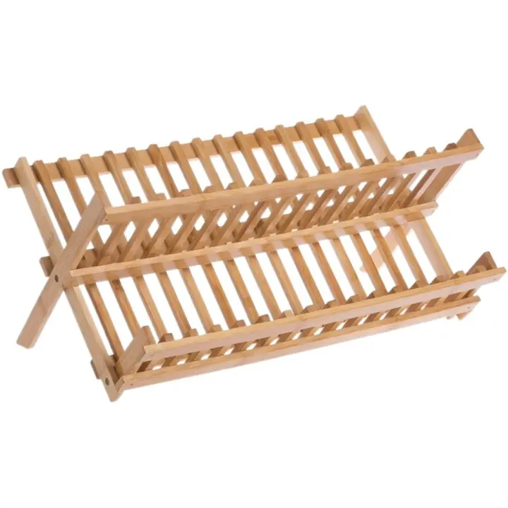 Estante para platos plegable de 2 niveles, fácil de limpiar, soporte de secado de bambú Retro, soporte para utensilios naturales plegable para cocina - 1