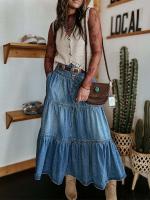 Falda larga de mezclilla con dobladillo con volantes escalonados para mujer, falda vaquera con botones de cintura alta y sólido, ropa de calle de fiesta con columpio lavada Vintage - details 3