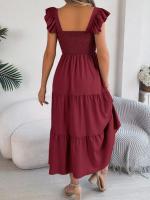 Escote cuadrado de verano con mangas anchas y pliegues, vestido informal de algodón transpirable para playa o uso diario, estilo bohemio - details 27