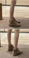Botas de mujer Otoño e Invierno botas cortas de estilo británico Color sólido gamuza puntiagudas con cordones tacón grueso botas de gran tamaño - details 5