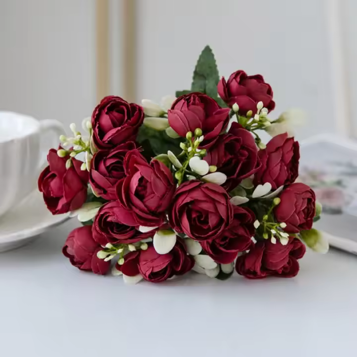 Rosa de seda de 15 cabezas, capullo de té pequeño para decoración de Navidad, alféizar del hogar, accesorios de bonsái, Fondo de boda, pared de flores artificiales - 1