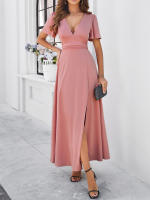 Dama profundaVVestido de noche de fiesta plisado de cintura alta con cuello de manga corta vestido de cóctel - details 2