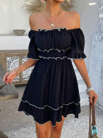 2025 primavera y verano estilo de vacaciones de ocio europeo y americano color sólido borde de hongo vestido de manga corta falda corta para mujer - details 3
