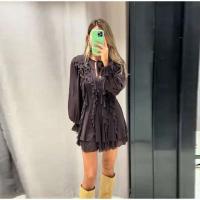 Minivestidos elegantes con cuello en V y volantes para mujer, vestido informal holgado con cordones de manga larga para mujer, batas elegantes de calle alta para primavera 2025 - details 5