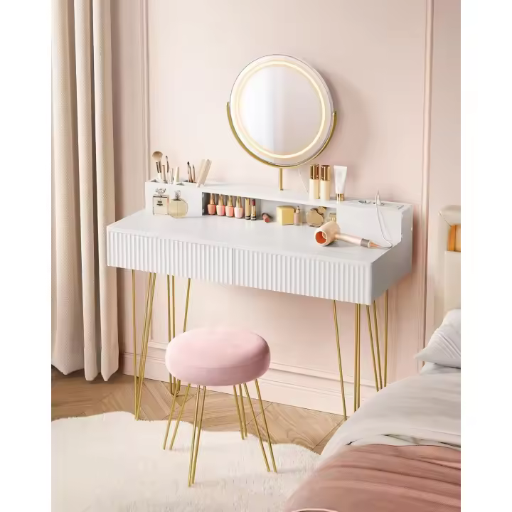 Tocador con Taburete e Iluminación, Regleta de Enchufes, Espejo Giratorio, Tocador, 40 x 100 x 134,8 cm, Tocador con Cajones, Taburete Tapizado, Blanco Mate y Dorado Pálido RVT619W01 - 1