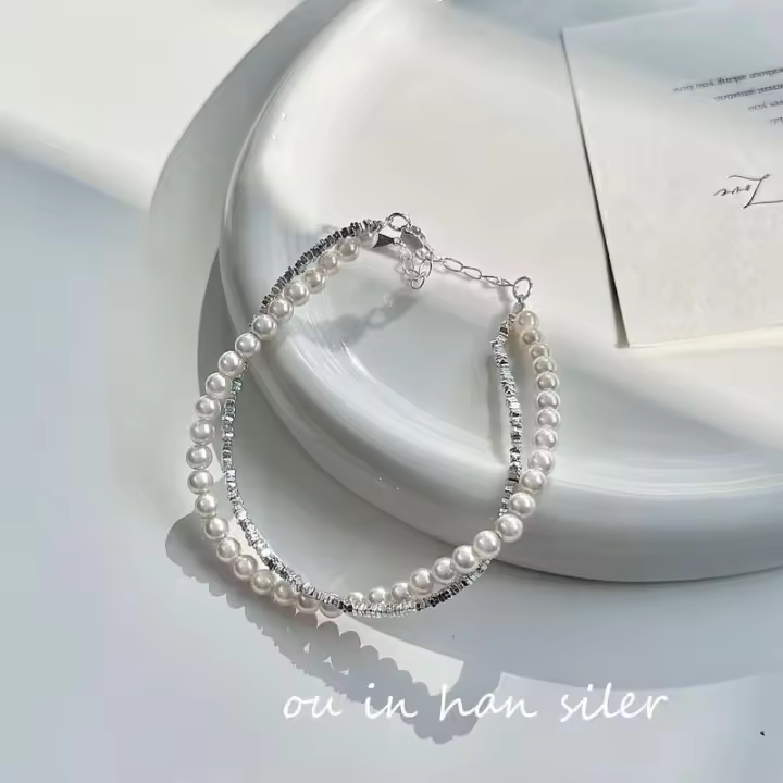 Ouni S-pulsera de perlas naturales de plata rota única apilada de doble capa pura para mujer, diseño de nicho de estilo Ins - 1