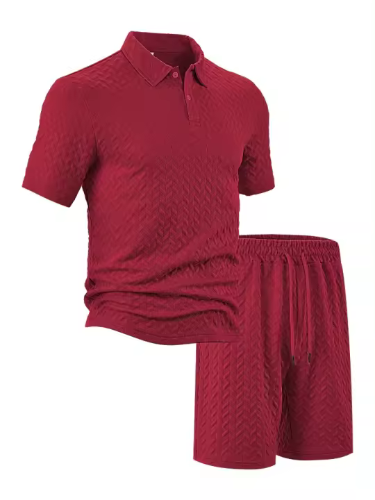 Verano de los hombres nuevo casual solapa suelta jacquard conjunto de camisa de polo de manga corta para hombres. - 1