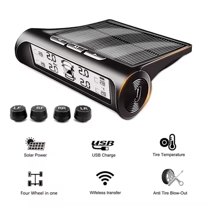 Sistema de monitoreo de alarma de seguridad para coche TPMS 4 sensores pantalla Solar inteligente advertencia de temperatura de presión de neumáticos - 1