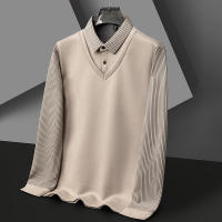 Polo de manga larga para hombre de alta gama, camiseta informal de dos piezas con cuello falso, camiseta a rayas - details 6