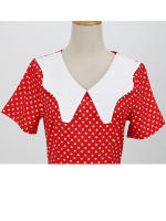 Vestido midi elegante informal para mujer con lunares, cuello Peter Pan, cintura alta y corte en A - details 16
