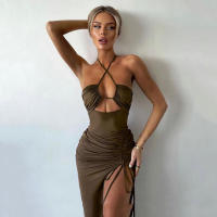 Nuevo estilo, jersey largo sin espalda, vestido ajustado sexi para chica con abertura y cordón ajustado - details 4