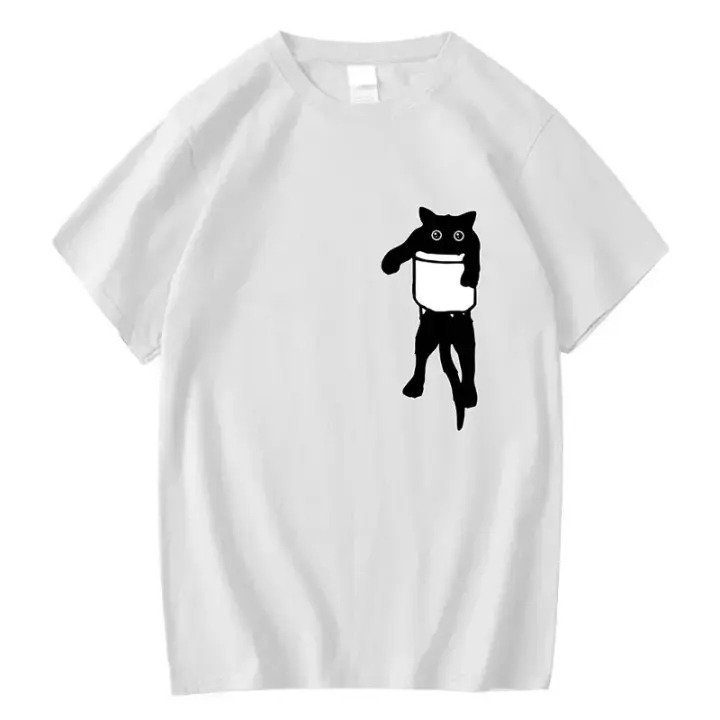 Camiseta de alta calidad para hombre, 100% algodón, divertido estampado de gato con bolsillo, camiseta holgada y fresca con cuello redondo para hombre, camisetas de manga corta para hombre - 1
