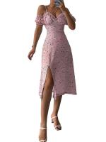 Sexy sin mangas con estampado bandeau y falda del vientre a la pantorrilla para mujer, vestido con tirantes de moda floral dividido - details 3