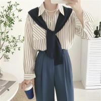 Camisa de mujer de dos piezas falsa estilo Maillard de otoño, chal tejido marrón, camisa con Raya Vertical en la espalda, blusa, camisa de mujer de estilo francés - details 4