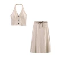 ZOCI- Conjunto de falda midi con cinturón para mujer, chaleco informal con cuello halter y espalda descubierta, falda acampanada de cintura alta, ropa de calle Lisa elegante - details 2