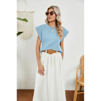 BUNO-2025 Tops para mujer, pantalón corto informal de moda de verano, camisetas básicas con textura a rayas de Color sólido y cuello redondo - details 1