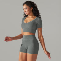 Hamidou-Conjunto de ropa deportiva sin costuras para mujer, Leggings de cintura alta, camisetas de manga corta, pantalones cortos, conjunto de 2 piezas, ropa de gimnasio - details 12