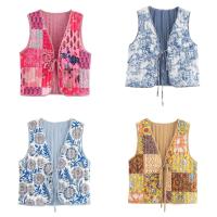 Ropa de otoño de 2024, mujer floral rosa, estampado de anacardo superior, chaleco vintage abotonado, chaleco acolchado para mujer con lazo frontal - details 0